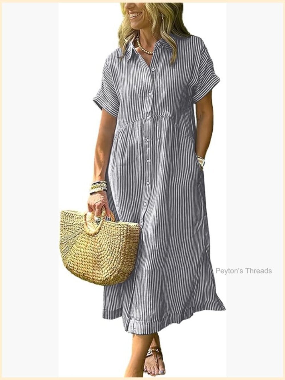 Boho Striped Button Up Shirt Dress with Pockets